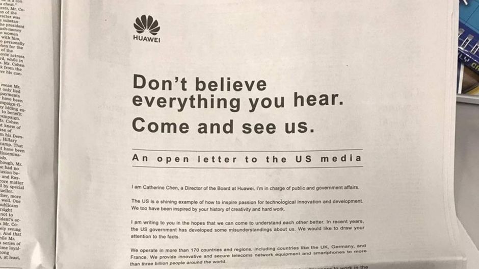Egész oldalas újsághirdetésben ment neki az amerikai kormánynak a Huawei